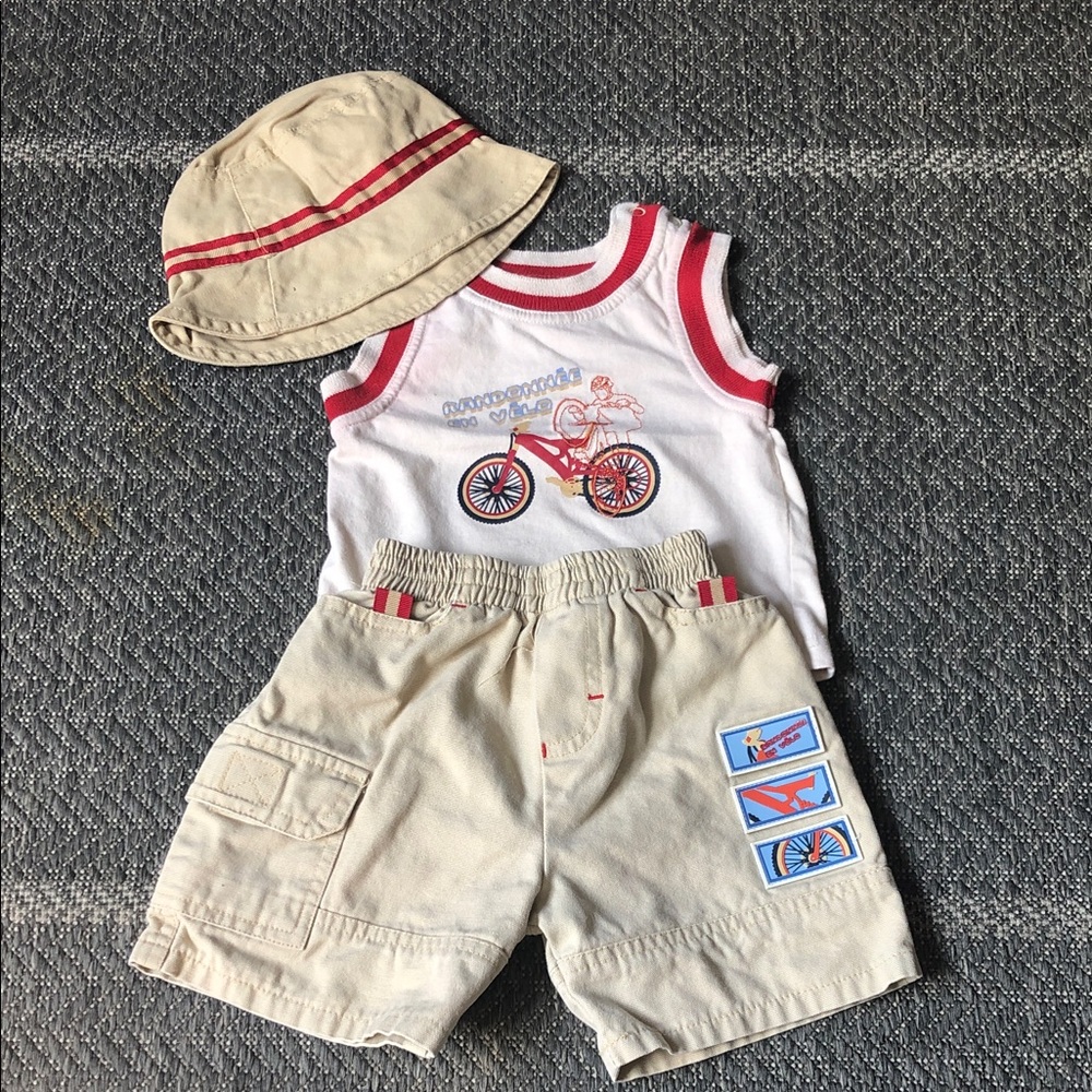 3 piece Beige and Red Bike Tank, Shorts & Hat Set